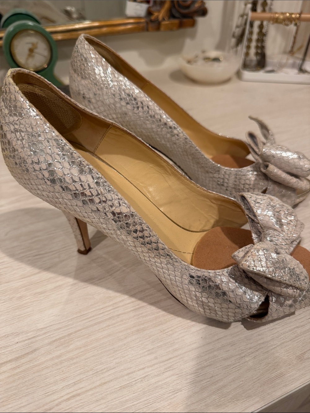 kate spade Cream Snake-Texture Peep Toe Heels with Bow Accent - Picture 2 of 5
